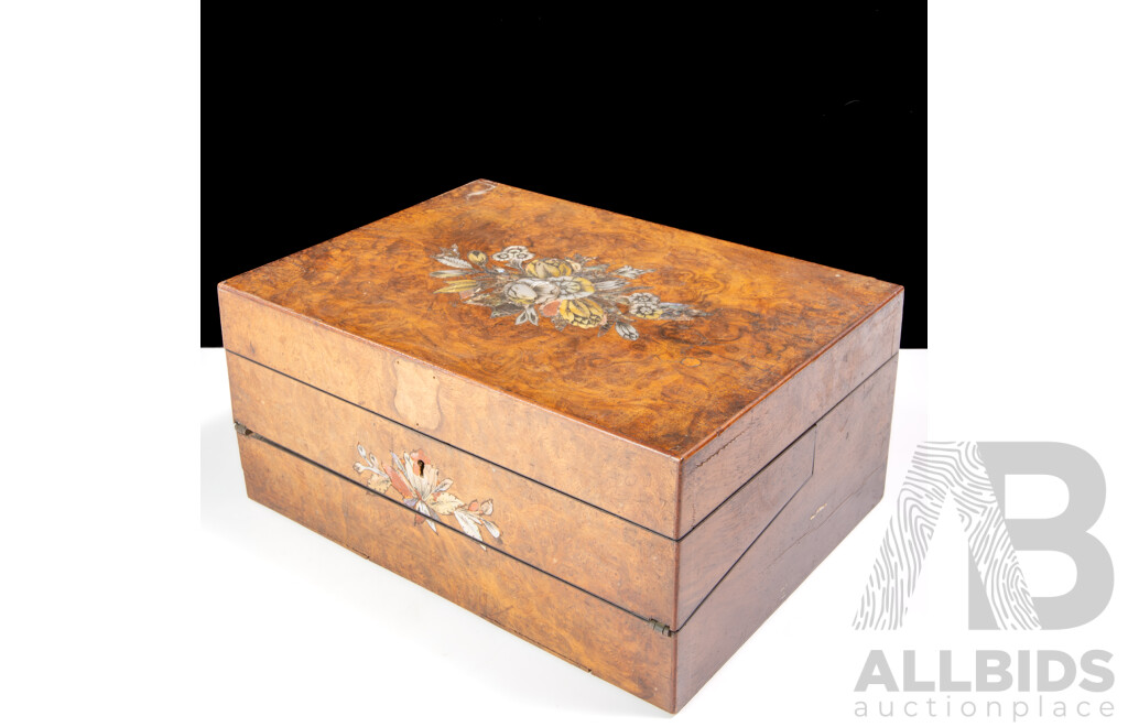 Antique Burr Walnut Writing Slope with Floral Themed Mother of Pearl Inlay to Top and Interior