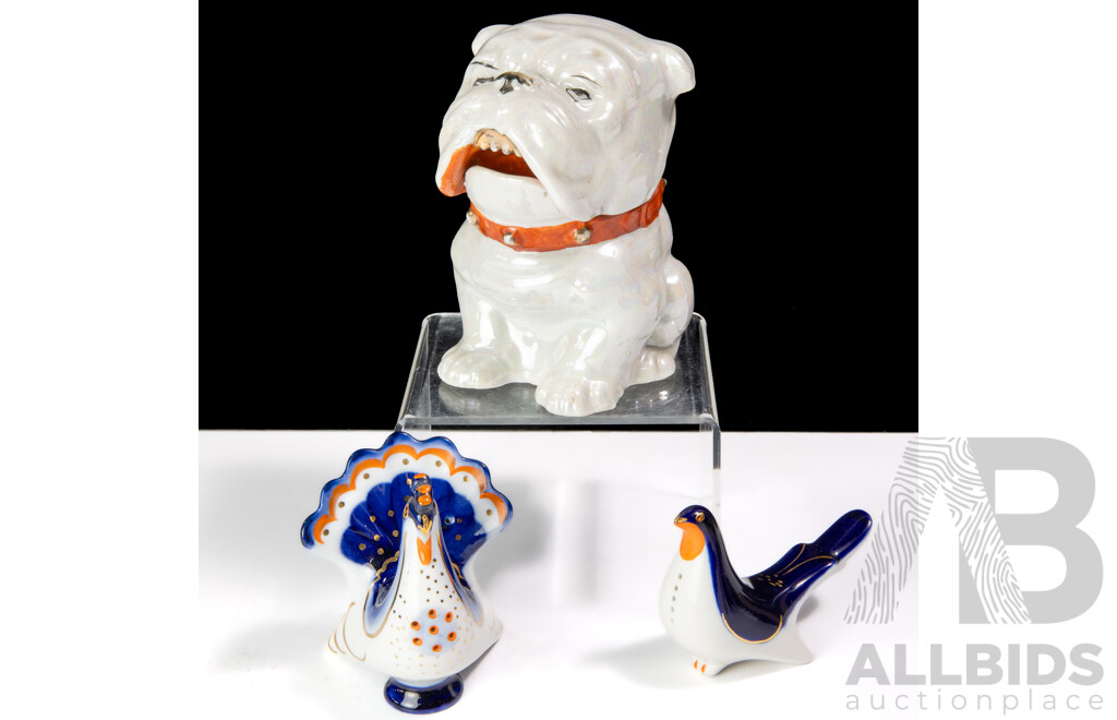 Retro Japanese Lusterware Bulldog Jam Pot Along with Two USSR Porcelain Hand Painted Bird Figures