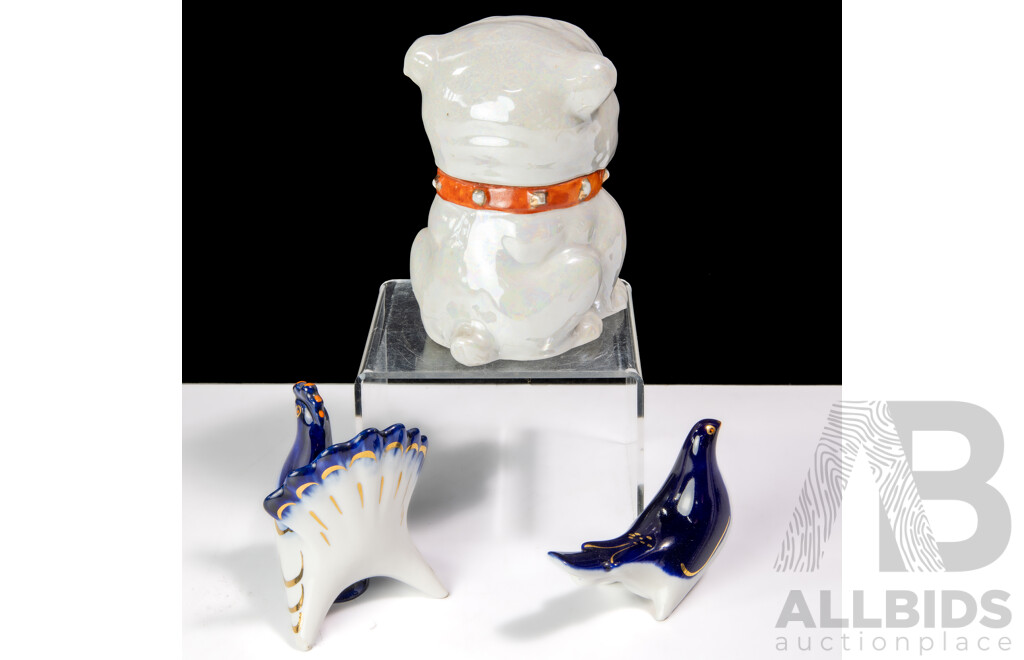 Retro Japanese Lusterware Bulldog Jam Pot Along with Two USSR Porcelain Hand Painted Bird Figures