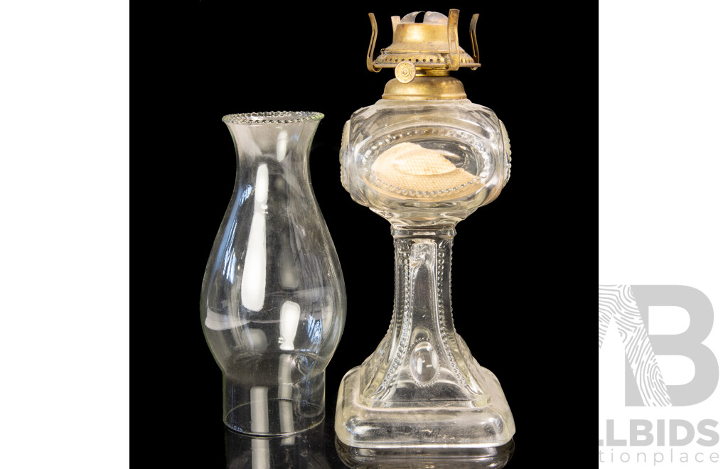 Antique Blixten Oil Lamp with Square Form Glass Stand and Font with Glass Flue
