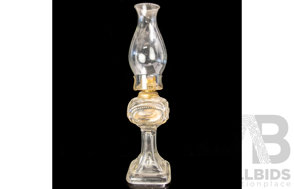 Antique Blixten Oil Lamp with Square Form Glass Stand and Font with Glass Flue