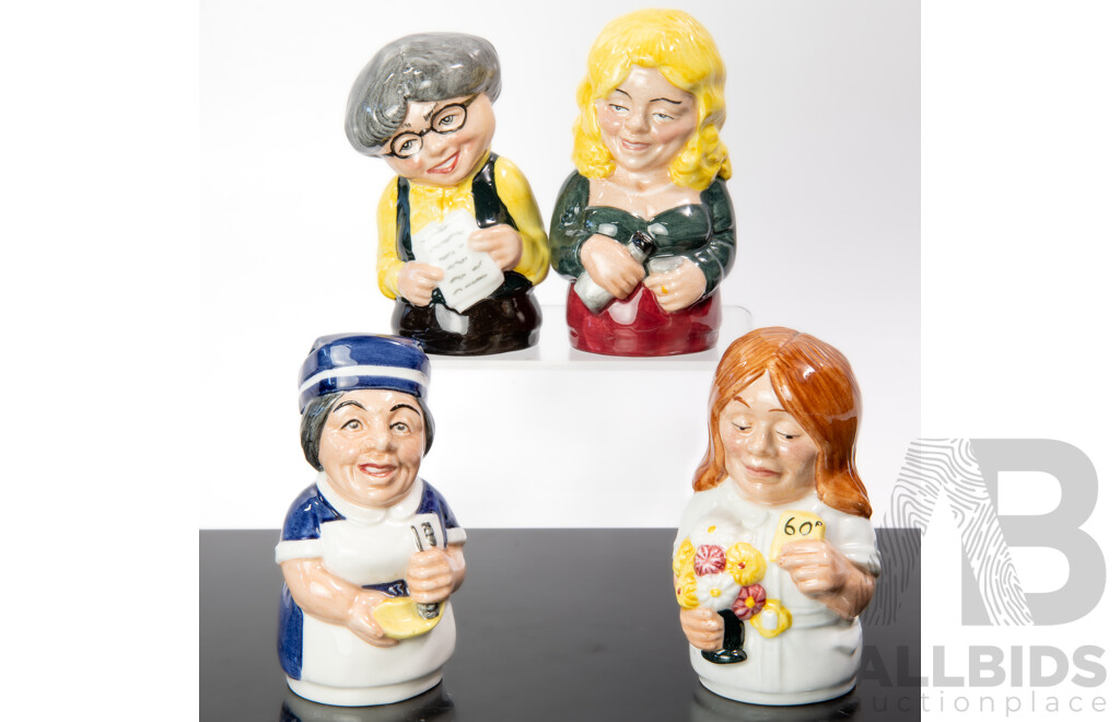 Collection Four Vintage Royal Doulton Porcelain Candle Snuffers Comprising Miss Studious, Miss Nostrum, Betty Bitter & Flora Fuchsia