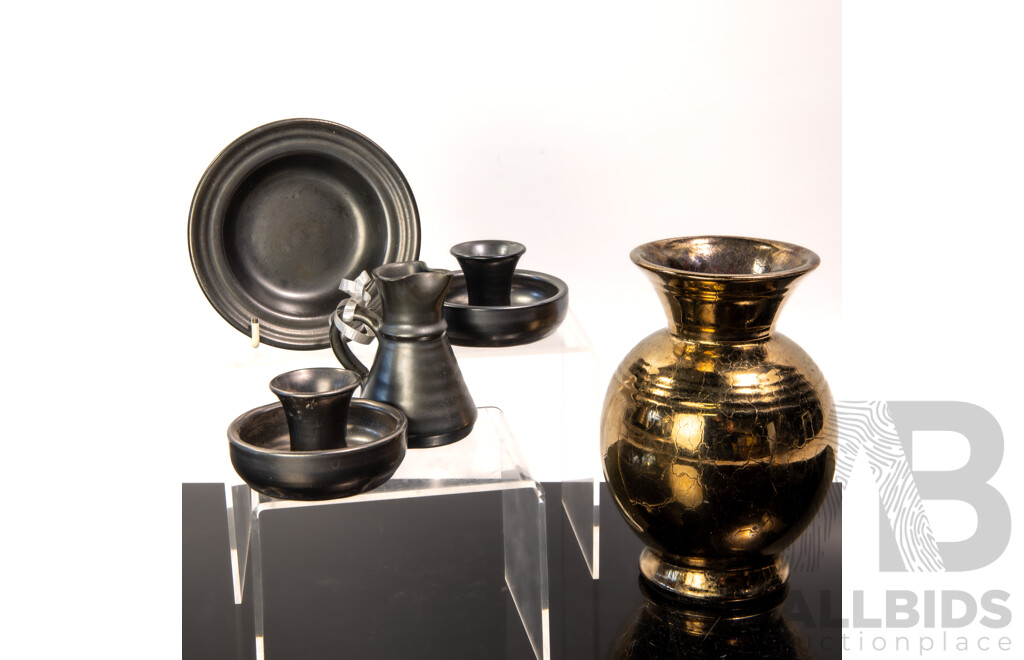 Collection Five Vintage  Englsih Prinknash Pottery Pieces Including Bronze Glazed Vase