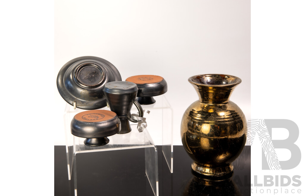 Collection Five Vintage  Englsih Prinknash Pottery Pieces Including Bronze Glazed Vase