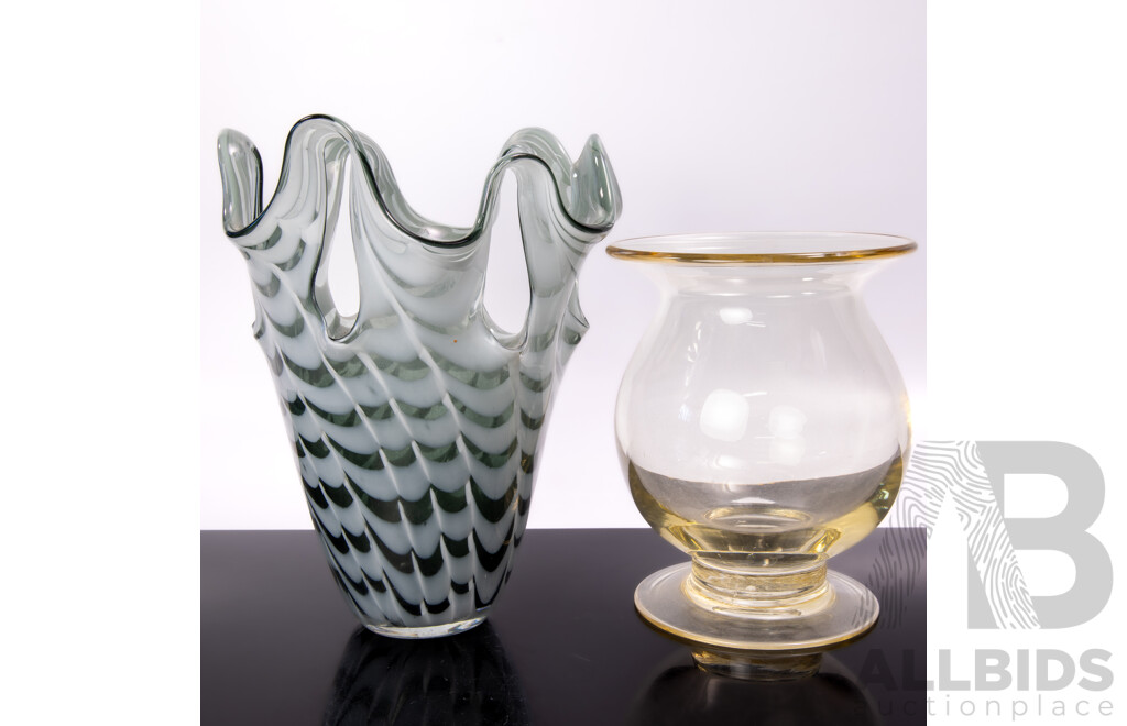 Retro Murano Style Art Glass Vase with Internal Feathering Along with Light Amber Glass Vase