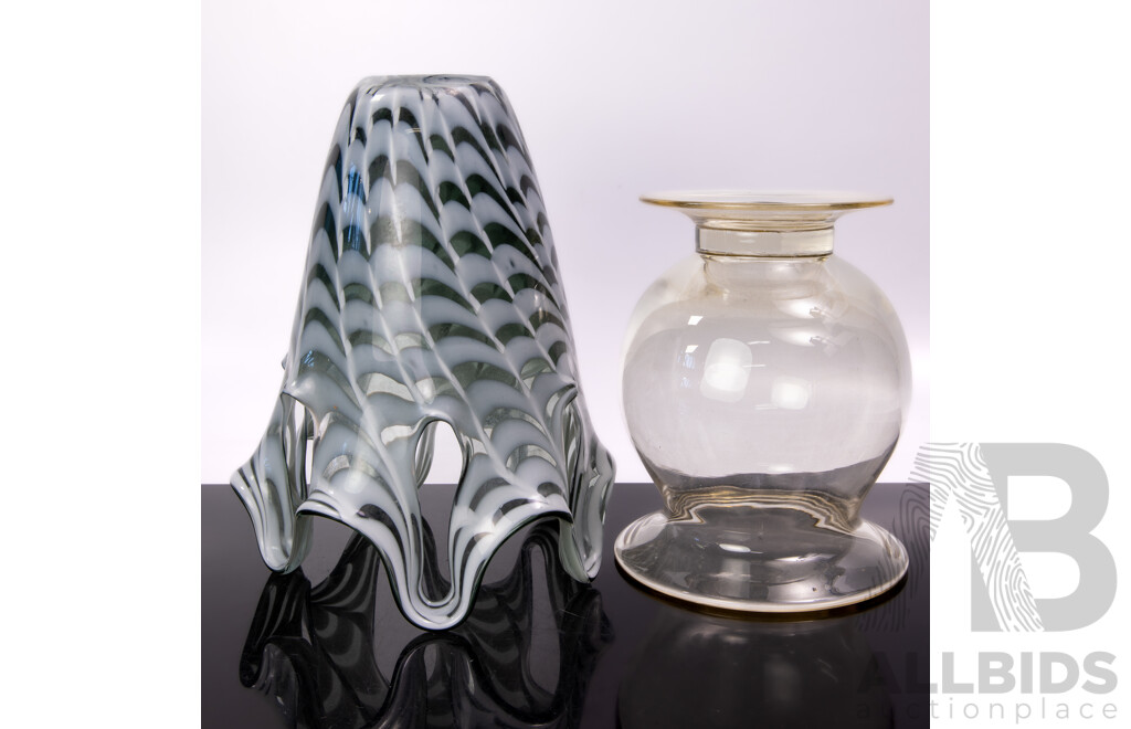Retro Murano Style Art Glass Vase with Internal Feathering Along with Light Amber Glass Vase