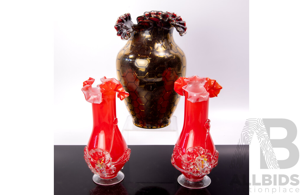 Collection Three Art Glass Vases with Ruffled Rims
