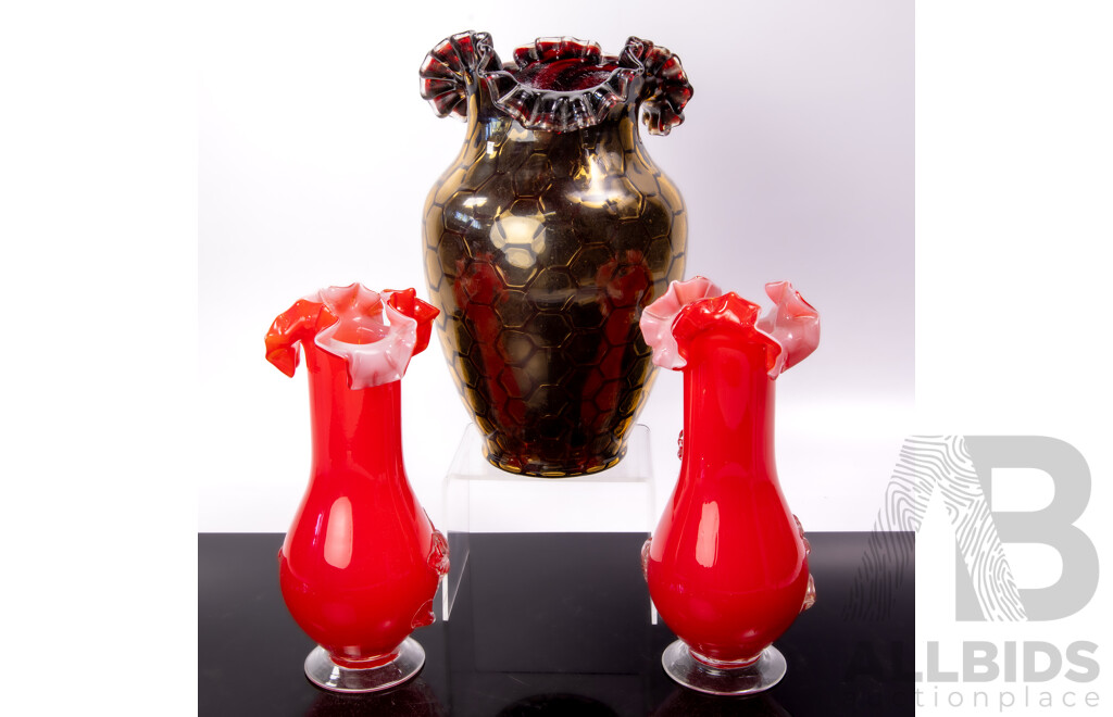 Collection Three Art Glass Vases with Ruffled Rims
