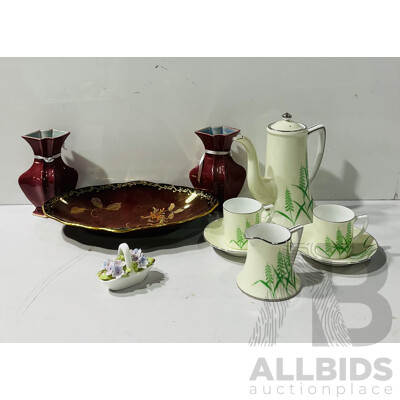Collection Vintage Porcelain Including Crown Devon Oval Peacock Dish, Six Piece Noritake Set and Coalport Porcelain Flower Posy and Pair Art Deco Ceramic Vases