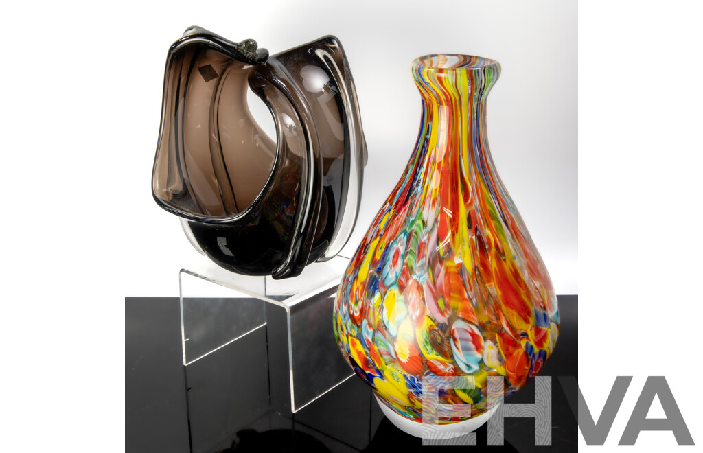 Art Glass Heavy Vase with Millefiori Detail Along with Art Glass Basket Form Vase