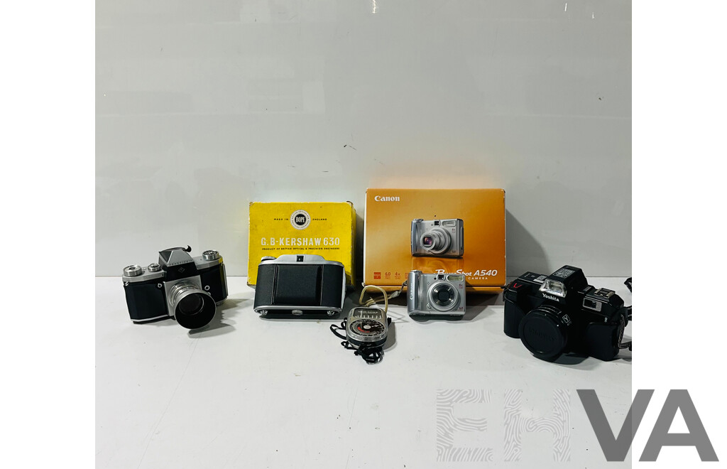 Collection of Vintage Cameras and Camera Gear Including G.B-Kershaw 630 in Original Box, Weston Master III Universal Exposure Meter and More