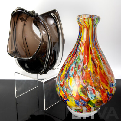 Art Glass Heavy Vase with Millefiori Detail Along with Art Glass Basket Form Vase