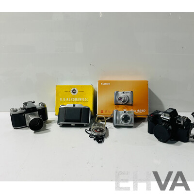 Collection of Vintage Cameras and Camera Gear Including G.B-Kershaw 630 in Original Box, Weston Master III Universal Exposure Meter and More
