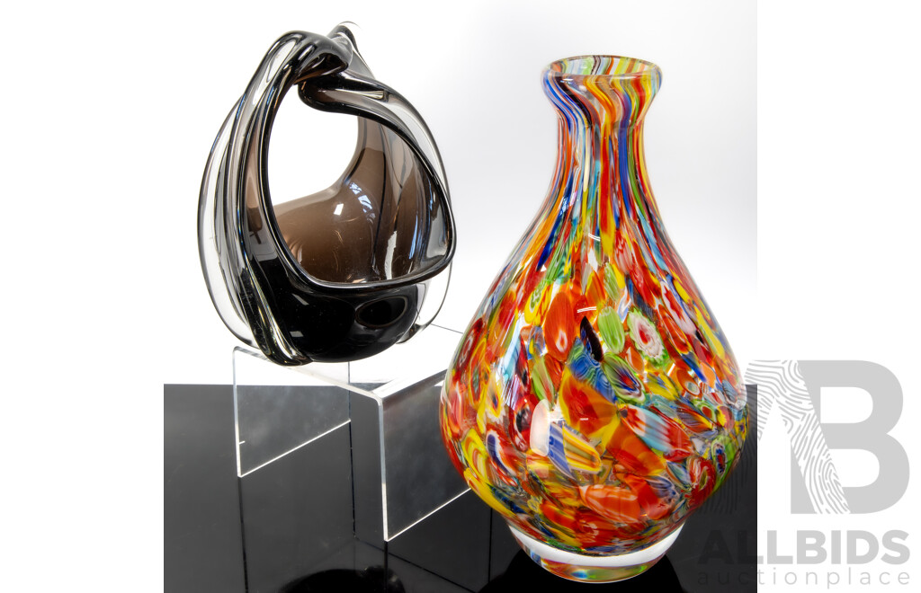 Art Glass Heavy Vase with Millefiori Detail Along with Art Glass Basket Form Vase