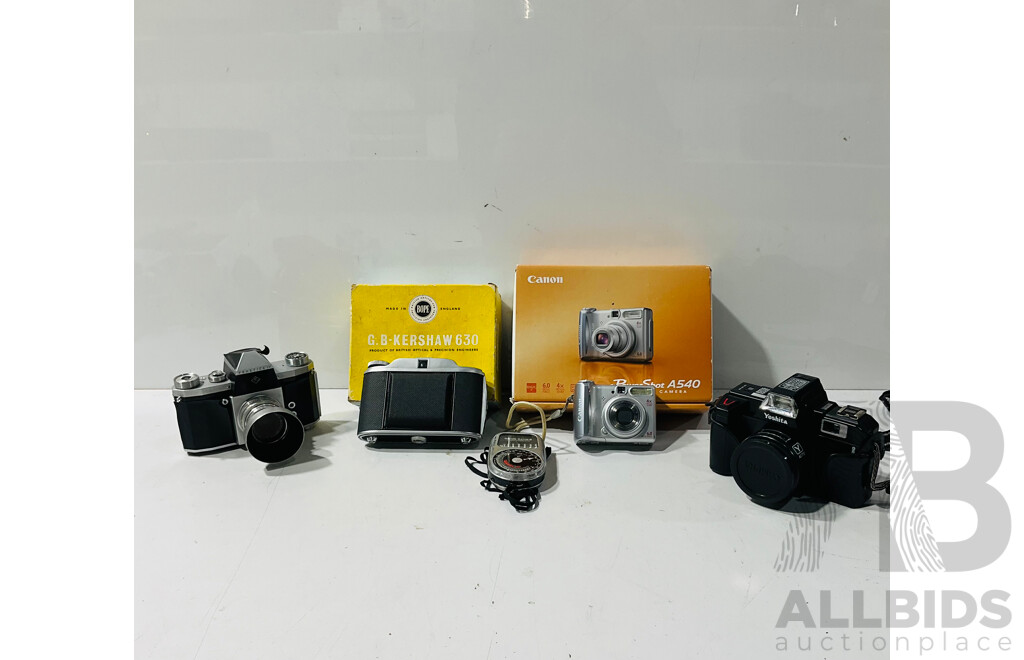 Collection of Vintage Cameras and Camera Gear Including G.B-Kershaw 630 in Original Box, Weston Master III Universal Exposure Meter and More