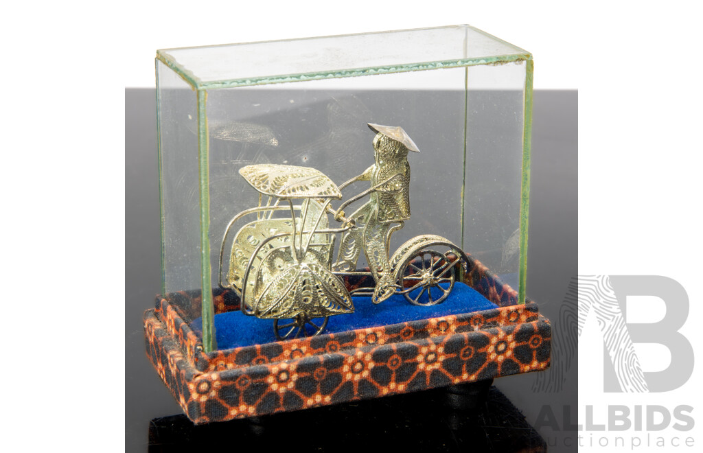 Vintage Hand Made White Metal South East Asian Filigree Cycle Rickshaw Model in Glass Case