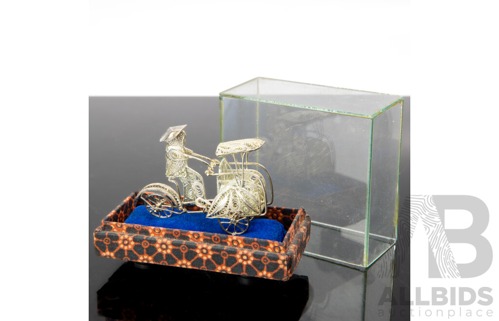 Vintage Hand Made White Metal South East Asian Filigree Cycle Rickshaw Model in Glass Case