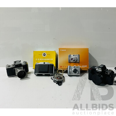 Collection of Vintage Cameras and Camera Gear Including G.B-Kershaw 630 in Original Box, Weston Master III Universal Exposure Meter and More