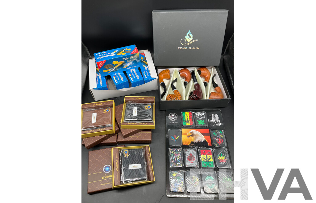 Tube Filling Machine (x5), GUPAI Cigarette Metal Case (x5), Lighters (x12) and FENG SHUN Bent Pipes (x 6) - Lot of 28
