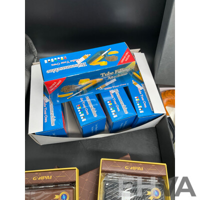 Tube Filling Machine (x5), GUPAI Cigarette Metal Case (x5), Lighters (x12) and FENG SHUN Bent Pipes (x 6) - Lot of 28
