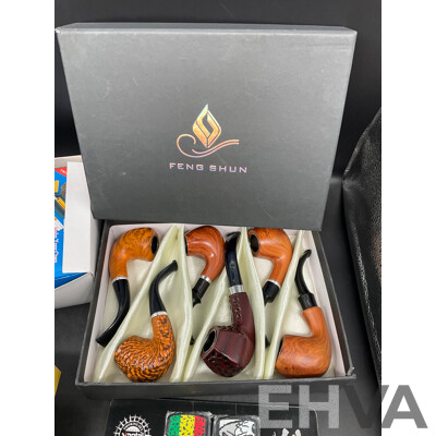 Tube Filling Machine (x5), GUPAI Cigarette Metal Case (x5), Lighters (x12) and FENG SHUN Bent Pipes (x 6) - Lot of 28