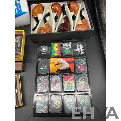 Tube Filling Machine (x5), GUPAI Cigarette Metal Case (x5), Lighters (x12) and FENG SHUN Bent Pipes (x 6) - Lot of 28
