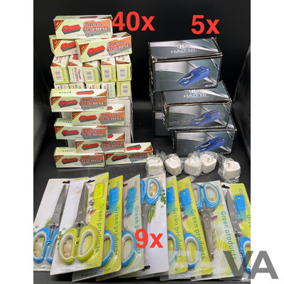 Manual Cigarette Rolling Machine (x40), Electric Cigarette Rolling Machine with EU Plug and AU Adapter (x5), Herb Scissors (x9) - Assorted Colors - Lot of 54