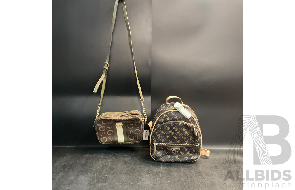 GUESS Manhattan Brown Backpack & Fredericksburg Mini Brown Crossbody Bag - Lot of 2