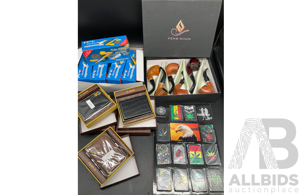 Tube Filling Machine (x5), GUPAI Cigarette Metal Case (x5), Lighters (x12) and FENG SHUN Bent Pipes (x 6) - Lot of 28