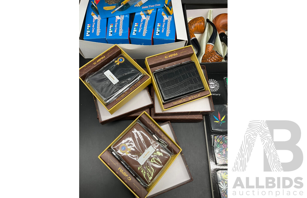 Tube Filling Machine (x5), GUPAI Cigarette Metal Case (x5), Lighters (x12) and FENG SHUN Bent Pipes (x 6) - Lot of 28