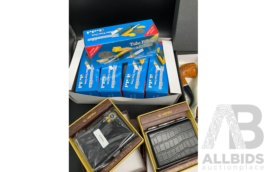 Tube Filling Machine (x5), GUPAI Cigarette Metal Case (x5), Lighters (x12) and FENG SHUN Bent Pipes (x 6) - Lot of 28