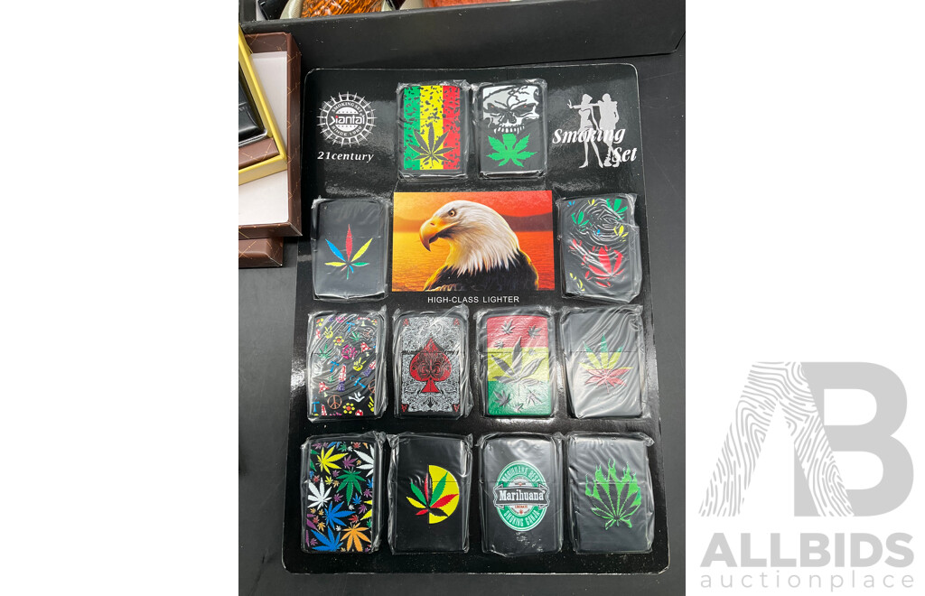 Tube Filling Machine (x5), GUPAI Cigarette Metal Case (x5), Lighters (x12) and FENG SHUN Bent Pipes (x 6) - Lot of 28