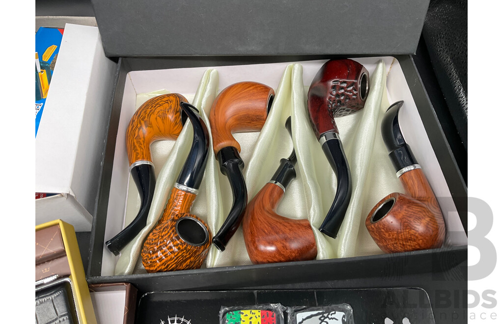 Tube Filling Machine (x5), GUPAI Cigarette Metal Case (x5), Lighters (x12) and FENG SHUN Bent Pipes (x 6) - Lot of 28