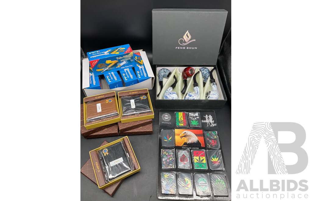 Tube Filling Machine (x5), GUPAI Cigarette Metal Case (x5), Lighters (x12) and FENG SHUN Bent Pipes (x 6) - Lot of 28