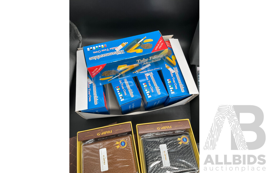 Tube Filling Machine (x5), GUPAI Cigarette Metal Case (x5), Lighters (x12) and FENG SHUN Bent Pipes (x 6) - Lot of 28