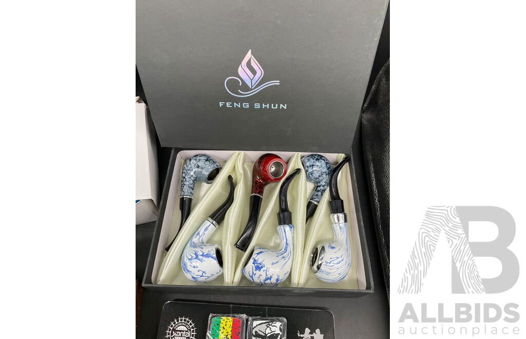 Tube Filling Machine (x5), GUPAI Cigarette Metal Case (x5), Lighters (x12) and FENG SHUN Bent Pipes (x 6) - Lot of 28