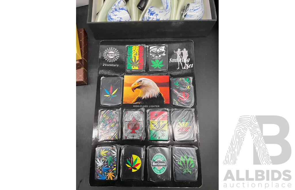 Tube Filling Machine (x5), GUPAI Cigarette Metal Case (x5), Lighters (x12) and FENG SHUN Bent Pipes (x 6) - Lot of 28