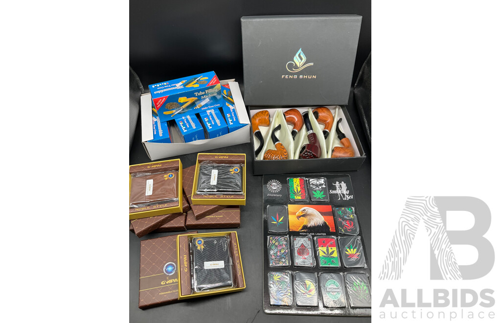 Tube Filling Machine (x5), GUPAI Cigarette Metal Case (x5), Lighters (x12) and FENG SHUN Bent Pipes (x 6) - Lot of 28