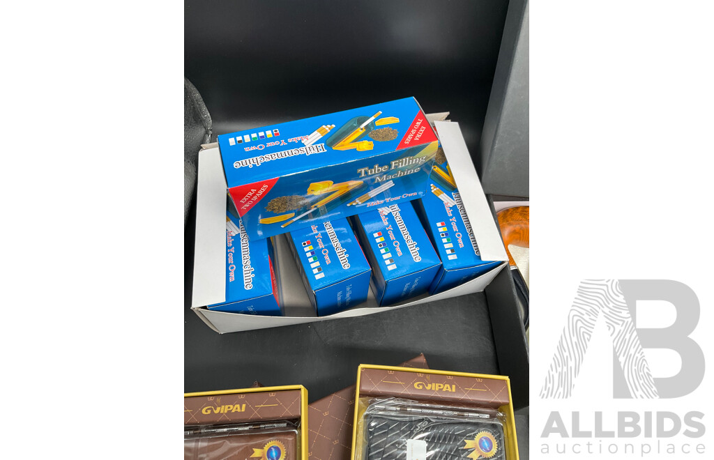 Tube Filling Machine (x5), GUPAI Cigarette Metal Case (x5), Lighters (x12) and FENG SHUN Bent Pipes (x 6) - Lot of 28