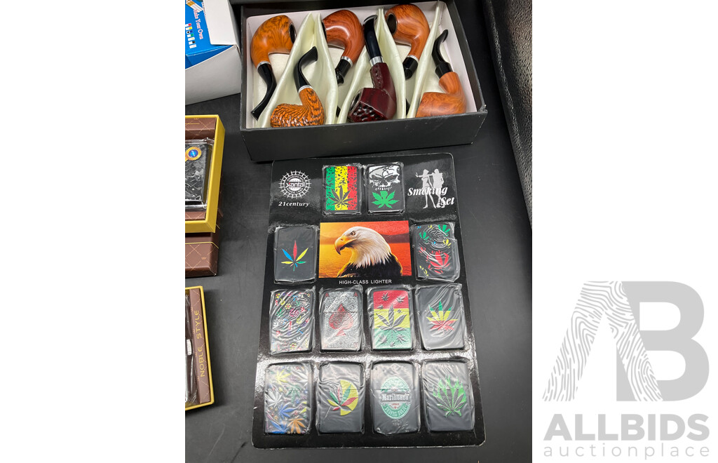 Tube Filling Machine (x5), GUPAI Cigarette Metal Case (x5), Lighters (x12) and FENG SHUN Bent Pipes (x 6) - Lot of 28