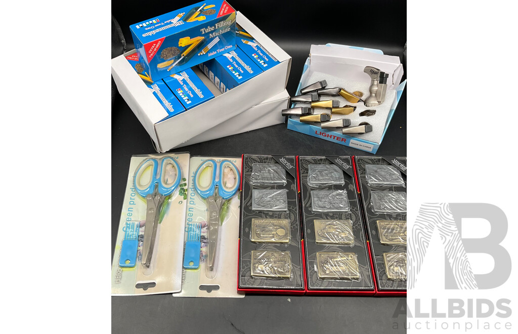 Tube Filling Machine (x10), Green Product Multi-layer Scissors (x2),JIANTAI Oil Lighter (x3set of 4), Butane Gas Refillable Lighters (x12) - Lot of 27