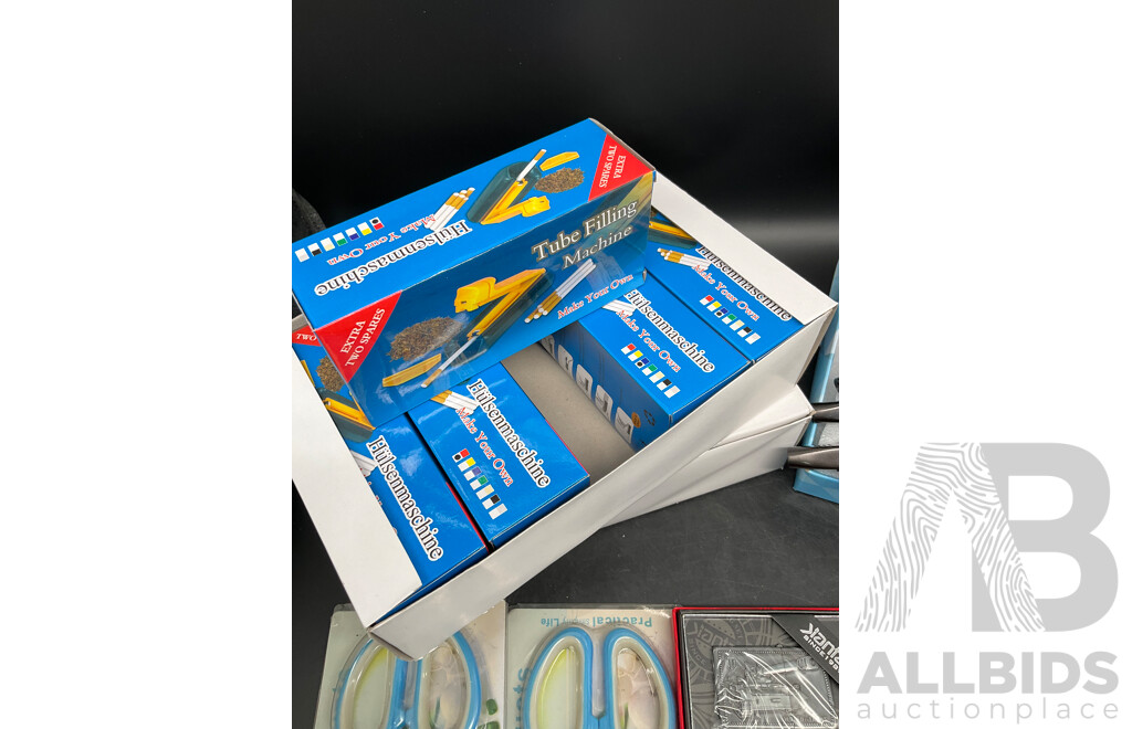 Tube Filling Machine (x10), Green Product Multi-layer Scissors (x2),JIANTAI Oil Lighter (x3set of 4), Butane Gas Refillable Lighters (x12) - Lot of 27