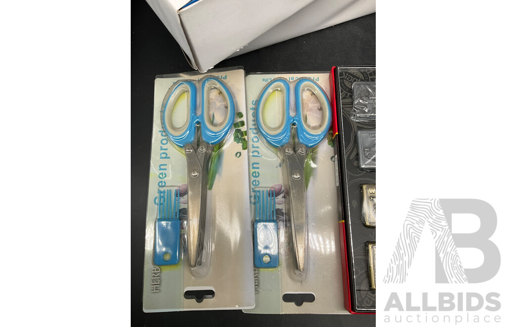 Tube Filling Machine (x10), Green Product Multi-layer Scissors (x2),JIANTAI Oil Lighter (x3set of 4), Butane Gas Refillable Lighters (x12) - Lot of 27
