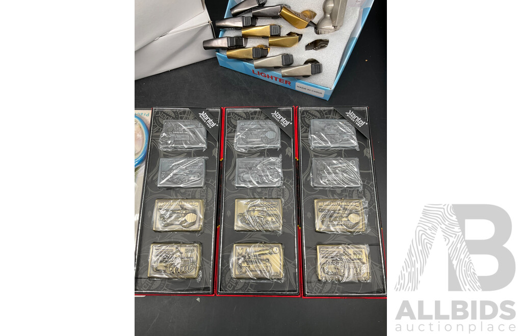 Tube Filling Machine (x10), Green Product Multi-layer Scissors (x2),JIANTAI Oil Lighter (x3set of 4), Butane Gas Refillable Lighters (x12) - Lot of 27