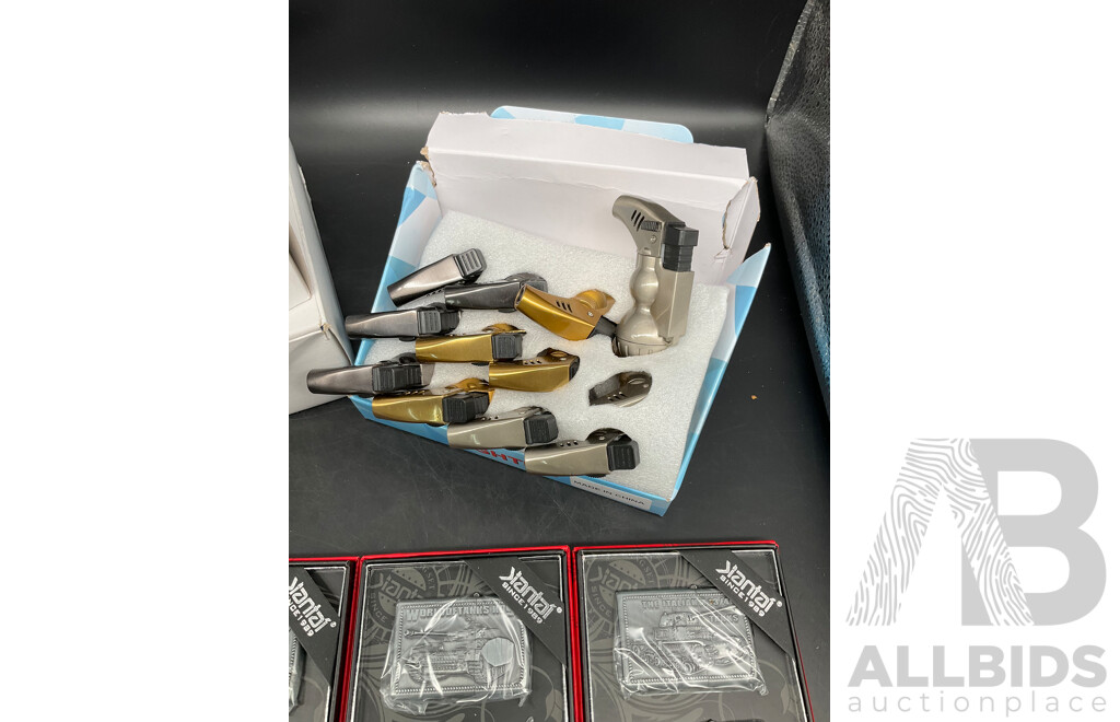 Tube Filling Machine (x10), Green Product Multi-layer Scissors (x2),JIANTAI Oil Lighter (x3set of 4), Butane Gas Refillable Lighters (x12) - Lot of 27