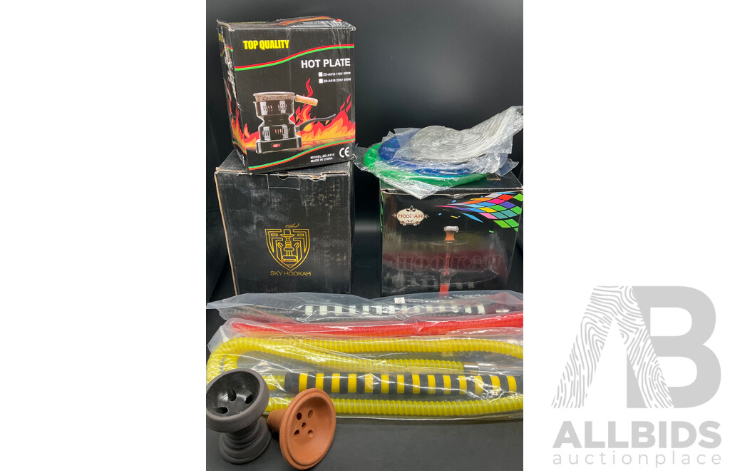 Two Plastic Shisha Hookah with Accessories and Hot Plate Burner