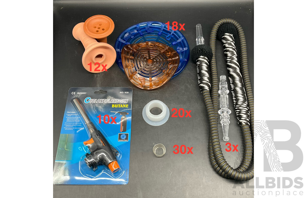 Assorted Shisha Hookah Accessories Including Cyclone Flame Gun, Clay Bowl, Pipe and More - Lot of 93