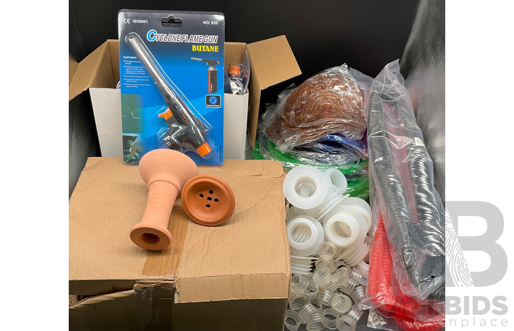 Assorted Shisha Hookah Accessories Including Cyclone Flame Gun, Clay Bowl, Pipe and More - Lot of 93