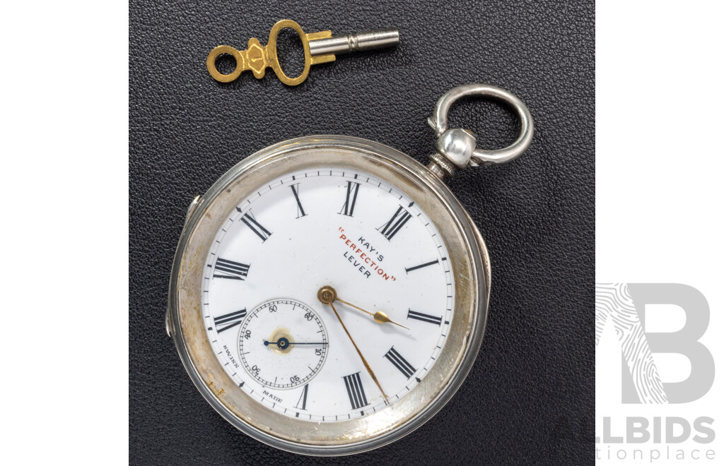 Kay's 'Perfection' Lever Antique Open Face Sterling Silver Key-Wind Pocket Watch, Working, 54mm, Birmingham 1897, 132.0 Grams