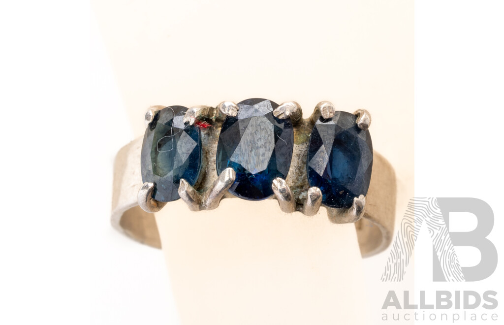 Vintage Sterling Silver Natural Sapphire Trilogy Ring, Size P1/2, 3.43 Grams